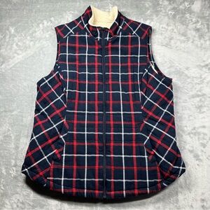 Duluth Trading Co. Plaid Sherpa Lined Flannel Vest Navy Red XL